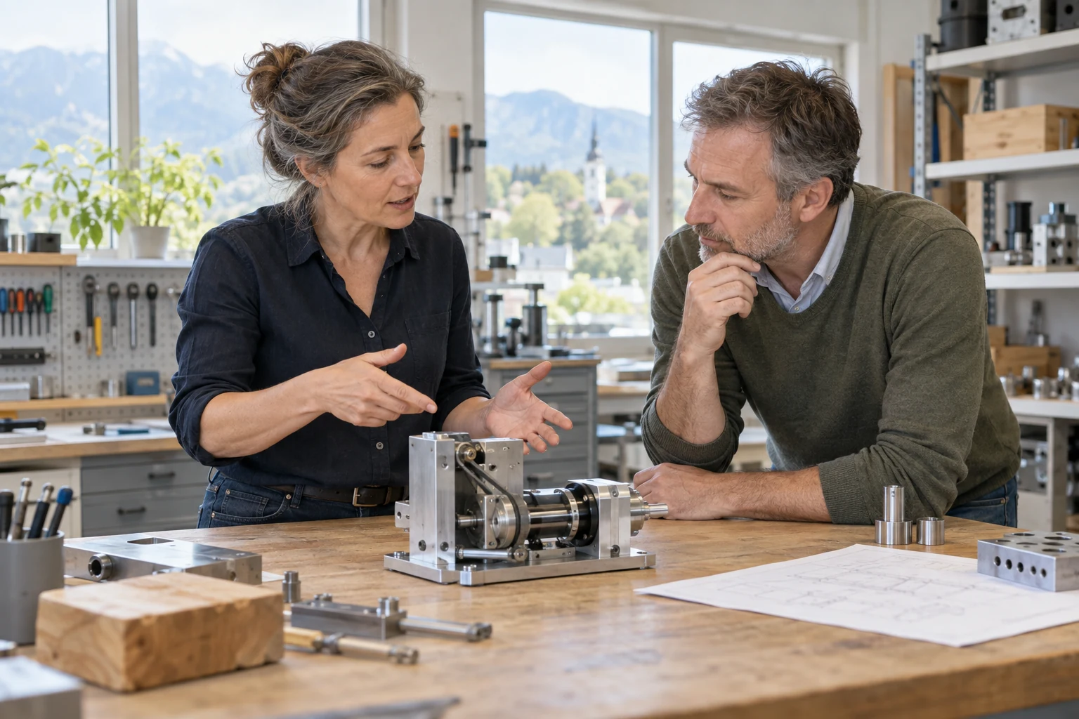 Projektinhaberin erklärt einem möglichen Unternehmenspartner einen technischen Prototyp